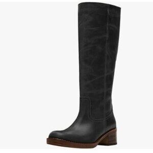 FOWT Women Platform Round Toe Calf High Boots Chunky Block Low Heel Black Boots